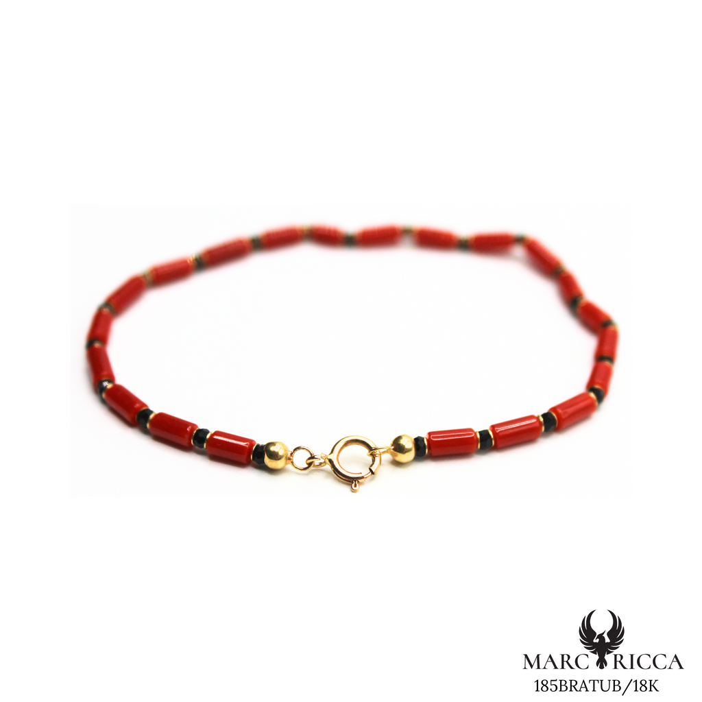 Bracelet Or Corail Tube & Perles Onyx Facettées
